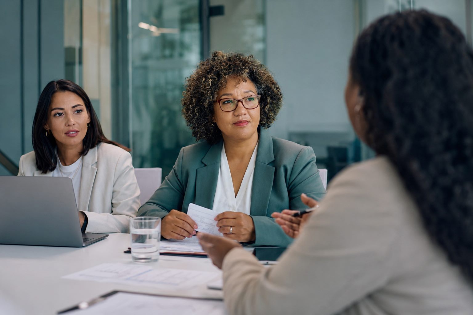 Three women in a working advisory session reviewing documents together at a conference table.